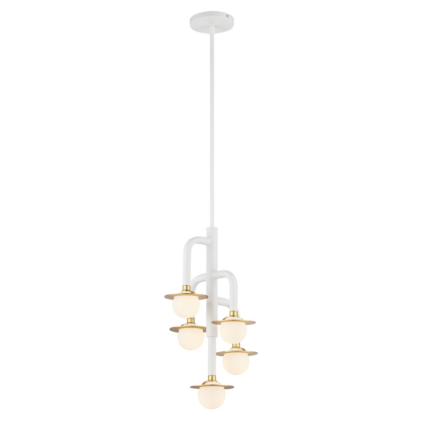 Tubular Five Light Chandelier in Matte White With Honey Gold