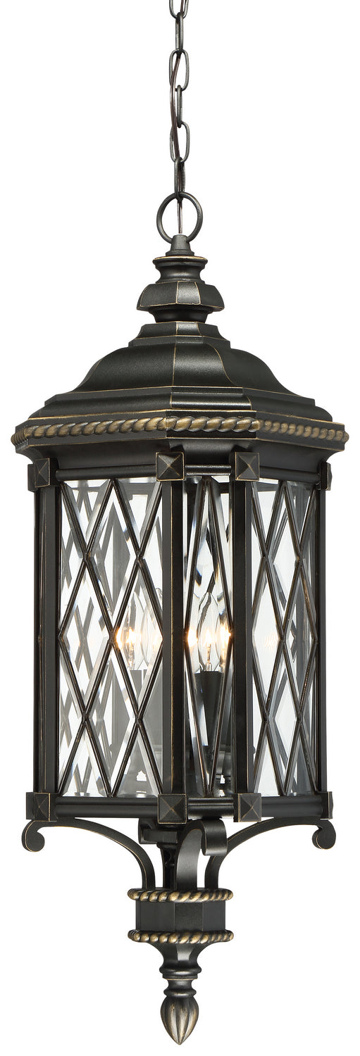 Bexley Manor Four Light Outdoor Chain Hung in Black w/Gold Highlights