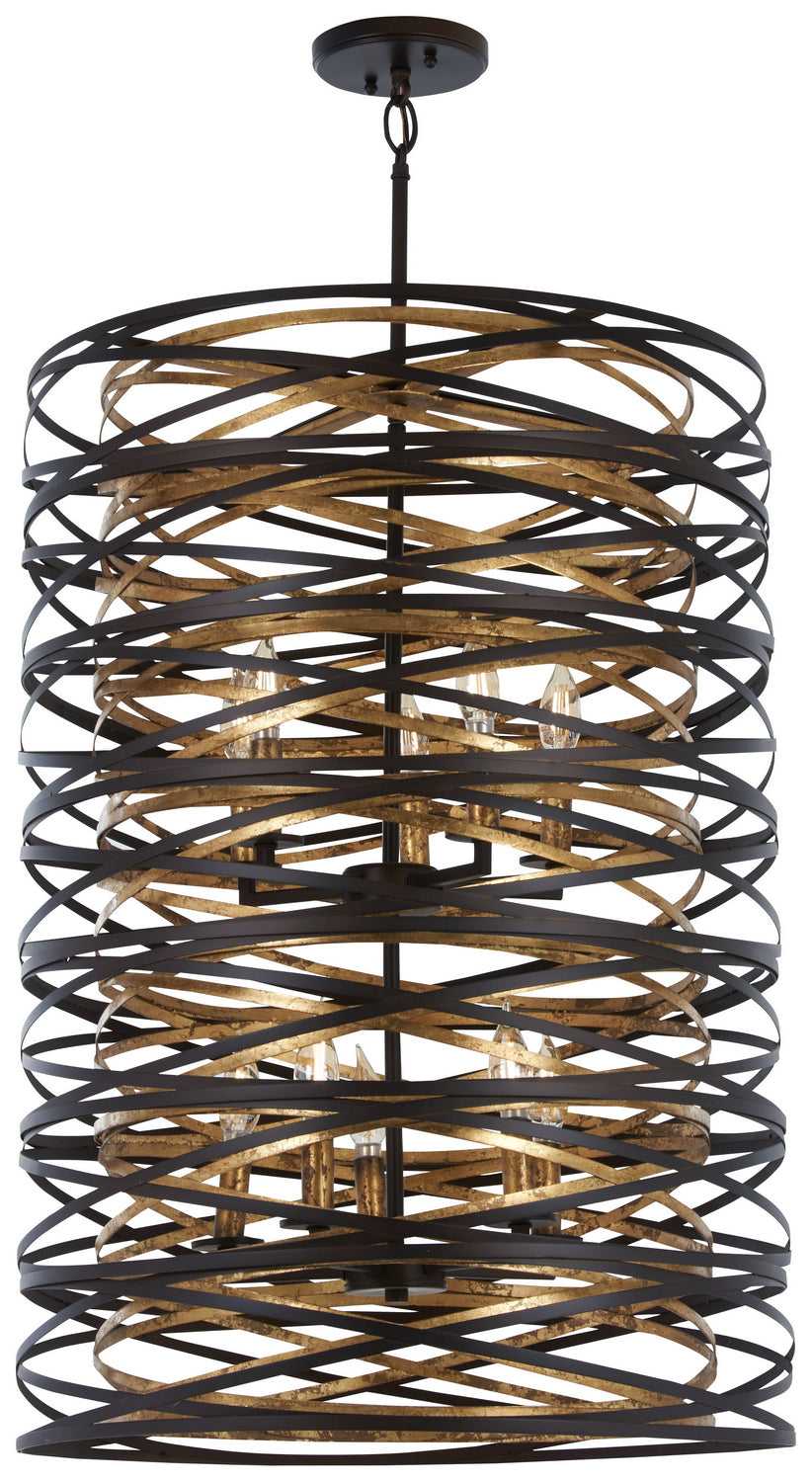 Vortic Flow Ten Light Pendant in Dark Bronze w/Mosaic Gold Interior