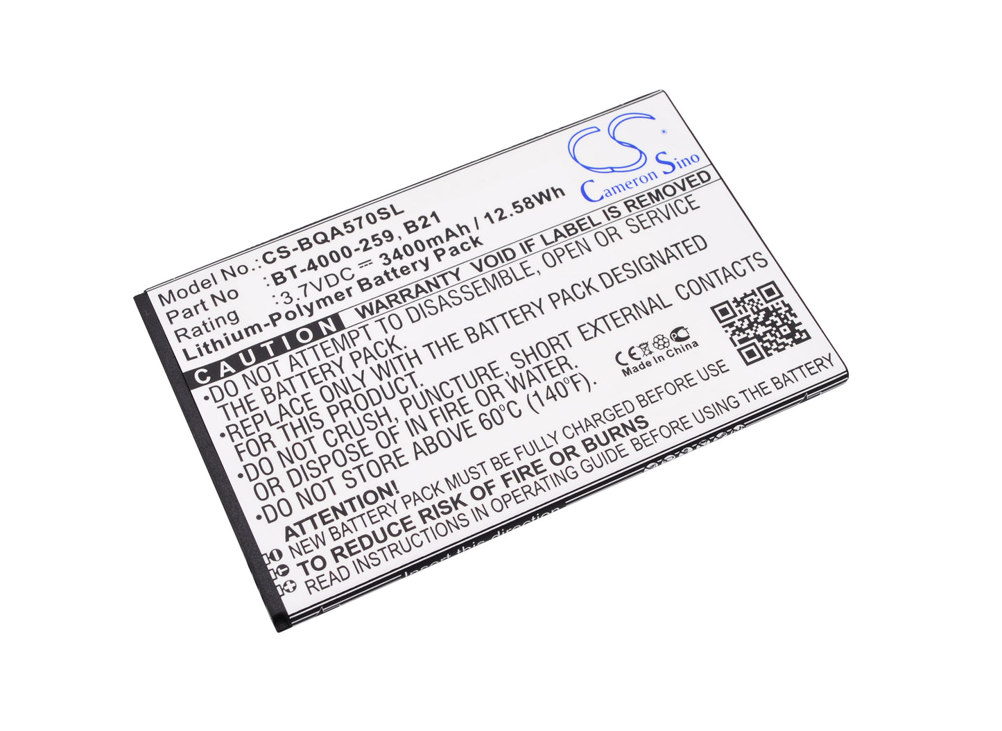 3.7V 3400mAh/12.58Wh Li-Polymer Mobile/SmartPhone Battery for BQ