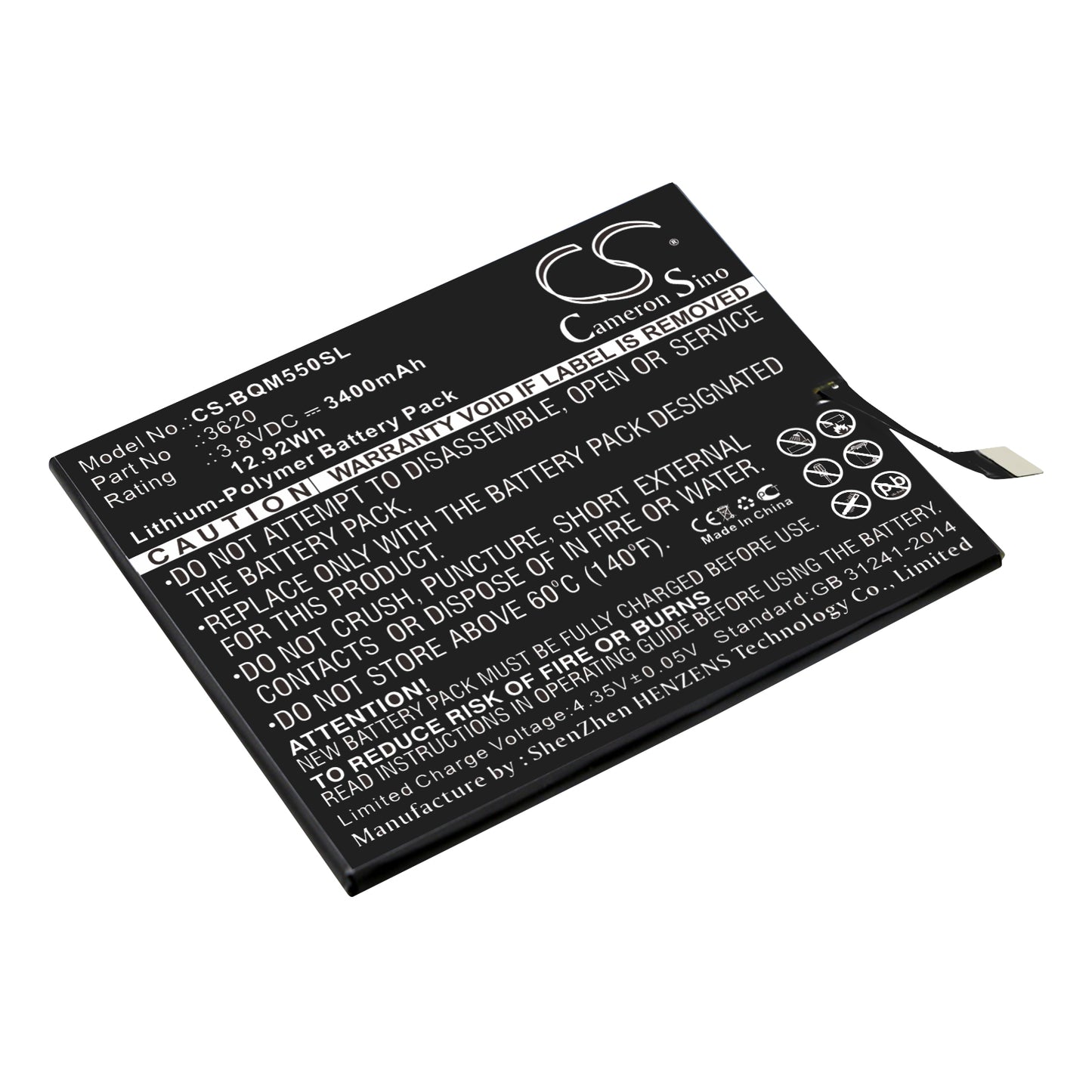 3.8V 3400mAh/12.92Wh Li-Polymer Mobile/SmartPhone Battery for BQ