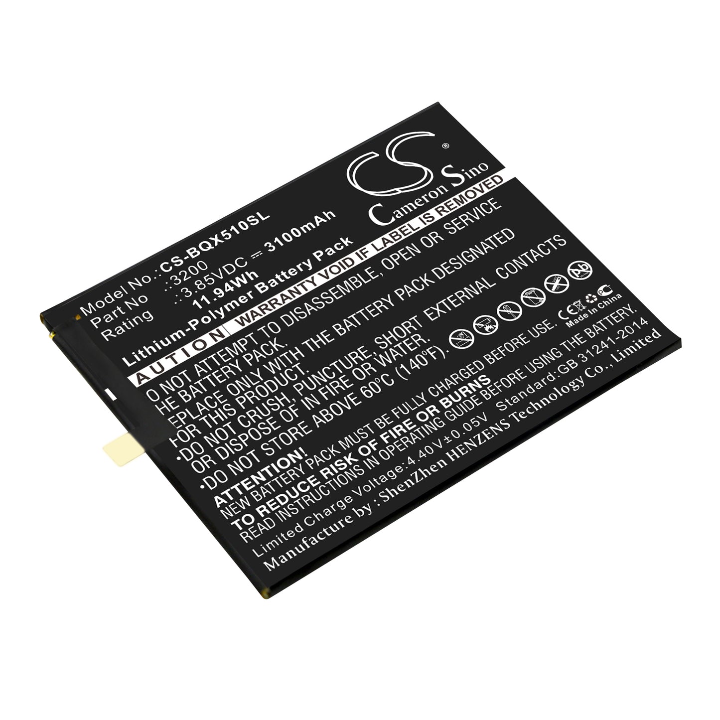 3.85V 3100mAh/11.94Wh Li-Polymer Mobile/SmartPhone Battery for BQ