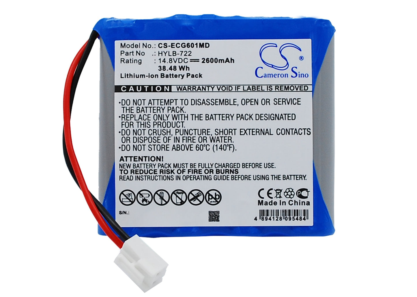14.8V 2600mAh/38.48Wh Li-ion Medical Battery for Biocare