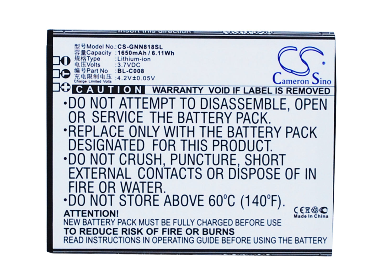 3.7V 1650mAh/6.11Wh Li-ion Mobile/SmartPhone Battery for GIONEE
