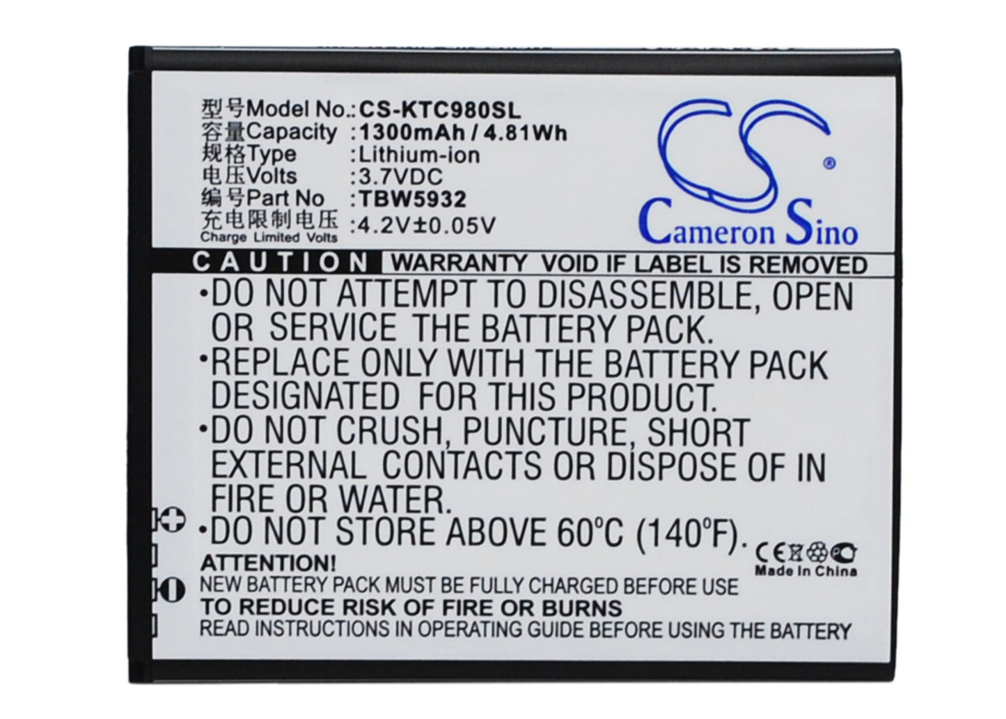 3.7VV 1300mAh/4.81Wh Li-ion Mobile/SmartPhone Battery for K-Touch