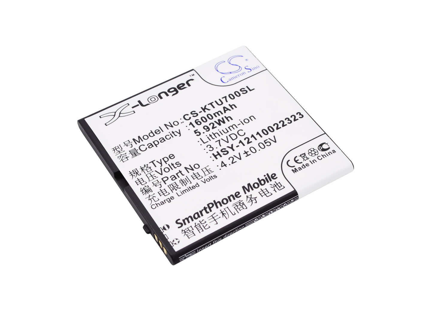3.7V 1600mAh/5.92Wh Li-ion Mobile/SmartPhone Battery for K-Touch