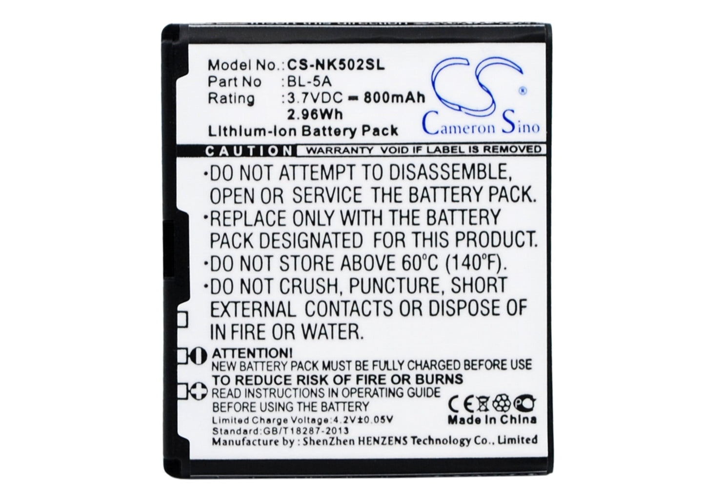 3.7V 800mAh/2.96Wh Li-ion Mobile/SmartPhone Battery for Nokia