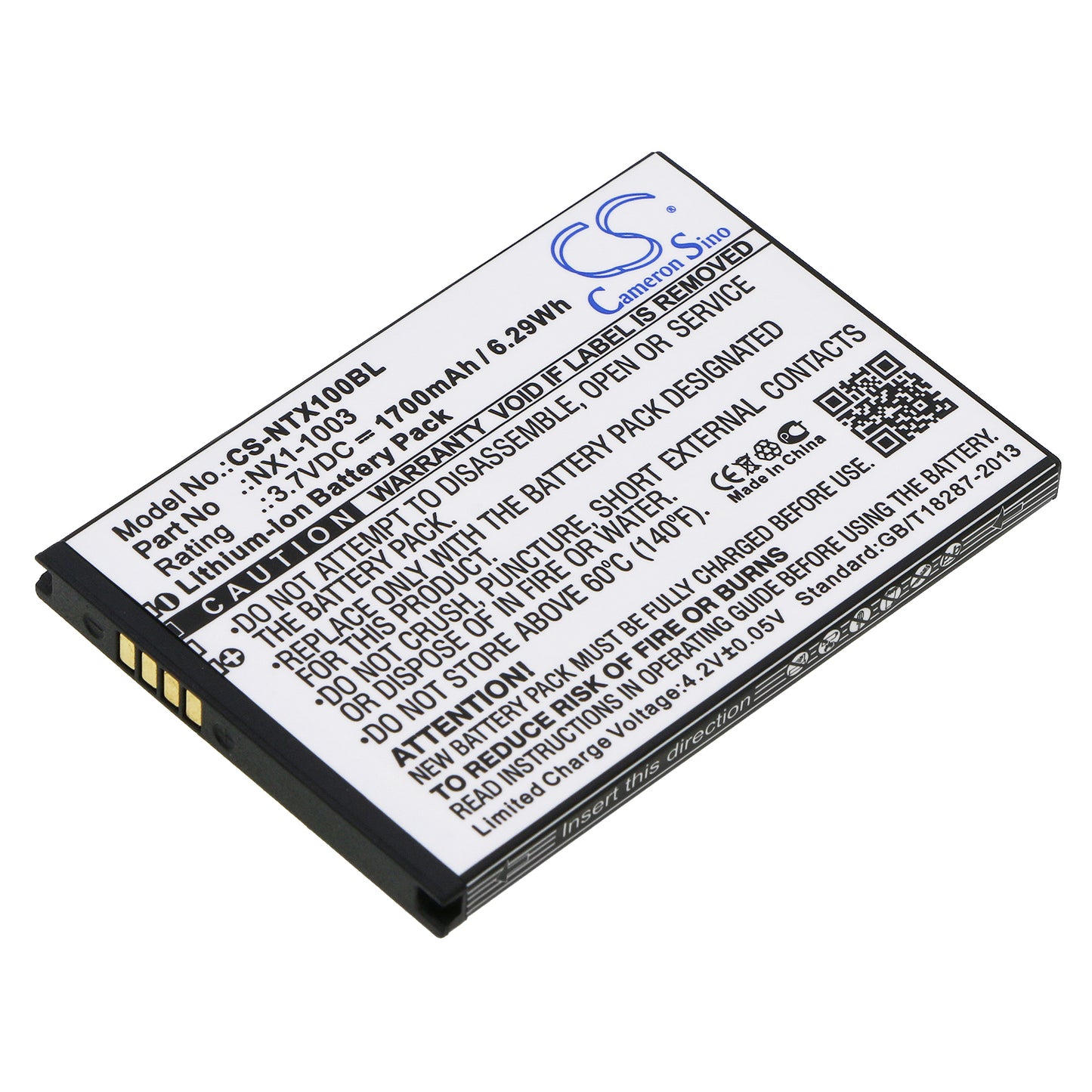 3.7V 1700mAh/6.29Wh Li-ion Barcode/Scanner Battery for Handheld