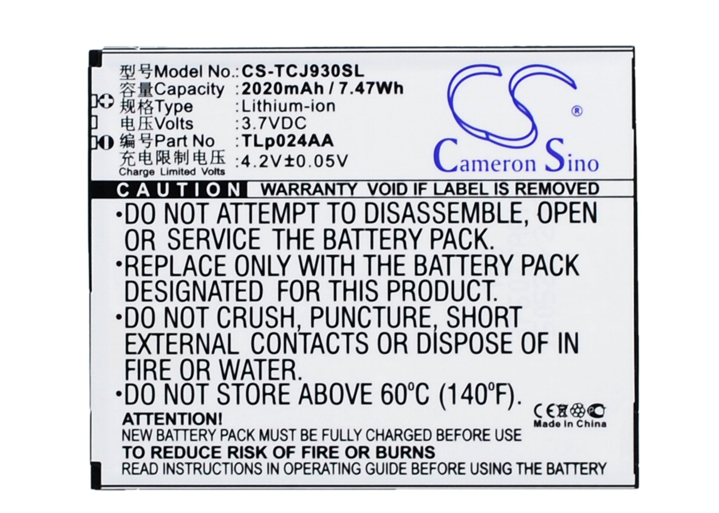3.7V 2020mAh/7.47Wh Li-ion Mobile/SmartPhone Battery for TCL