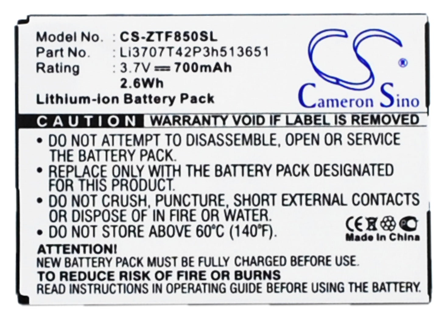 3.7V 700mAh Li-ion Mobile/SmartPhone Battery for ZTE