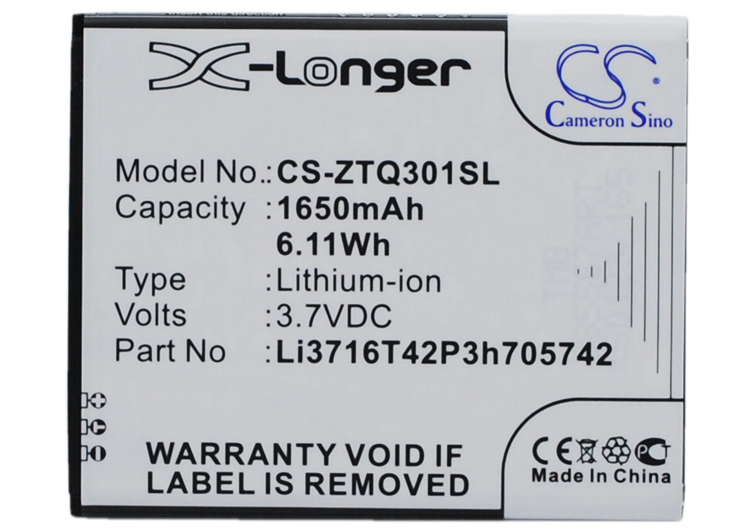 3.7V 1650mAh/6.11Wh Li-ion Mobile/SmartPhone Battery for ZTE
