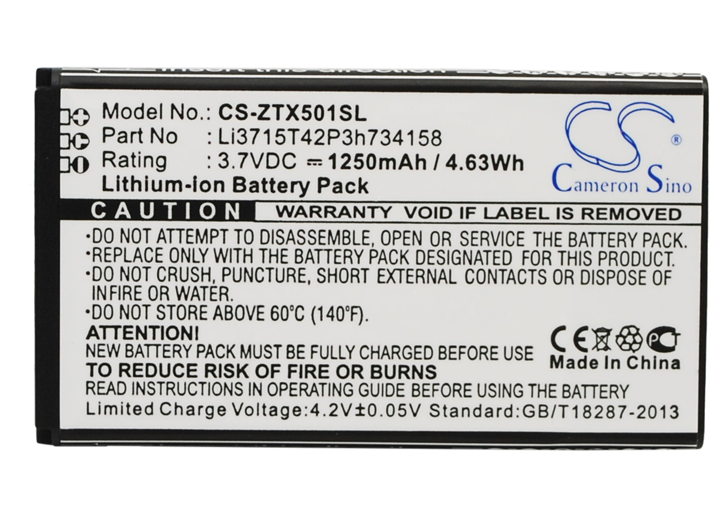 3.7V 1250mAh/4.63Wh Li-ion Mobile/SmartPhone Battery for ZTE