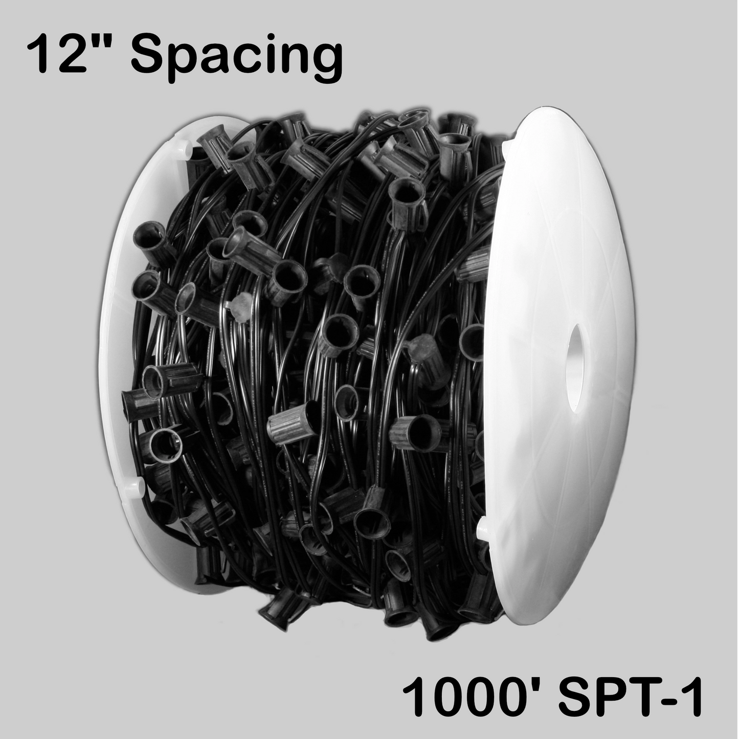 C9 (E17) Spool, 1000ft, 12" spacing, black, 18AWG, SPT-1, no