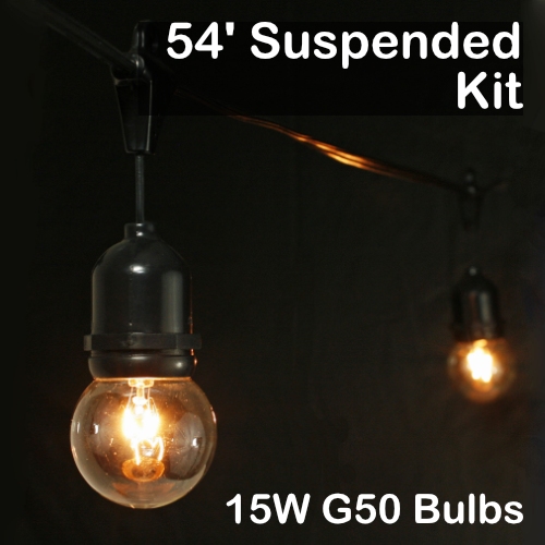 Sival 54 ft Black Commercial Grade (Medium Base - Suspended Sockets) Light String w/ Clear Party Bulbs