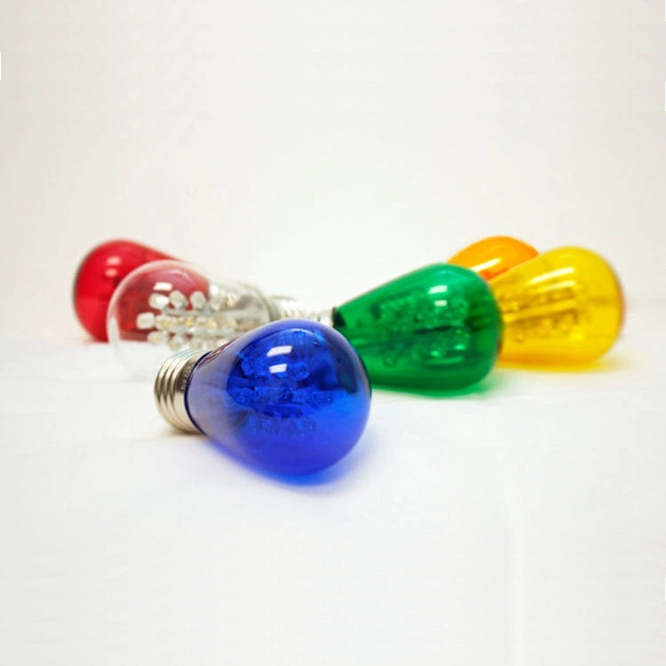 LED S14, glass, 0.7W, 16 LEDs, E27, 120V, multi (R/G/B/A/Y)