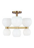 Londyn Six Light Semi Flush Mount in Burnished Brass with Milk White Glass