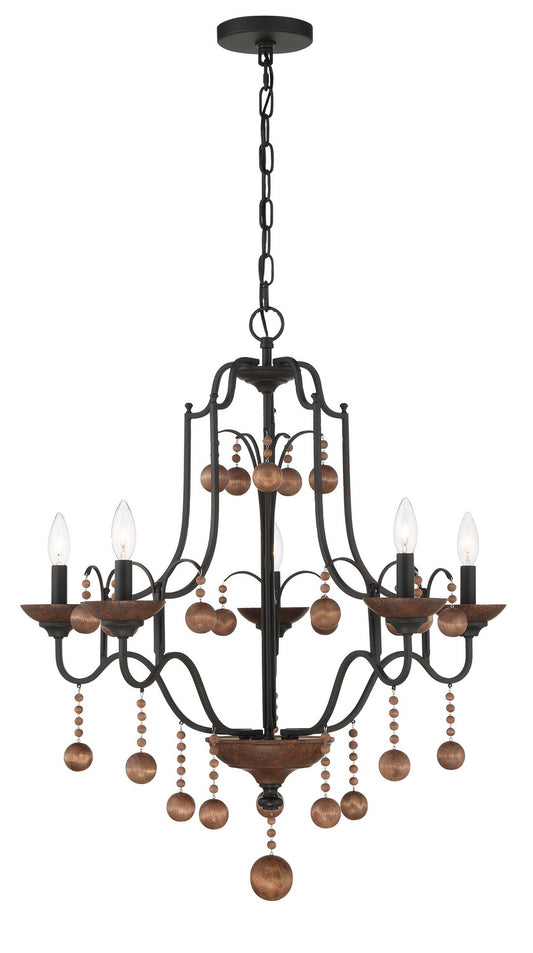 Colonial Charm Five Light Chandelier in Old World Bronze w/Walnut