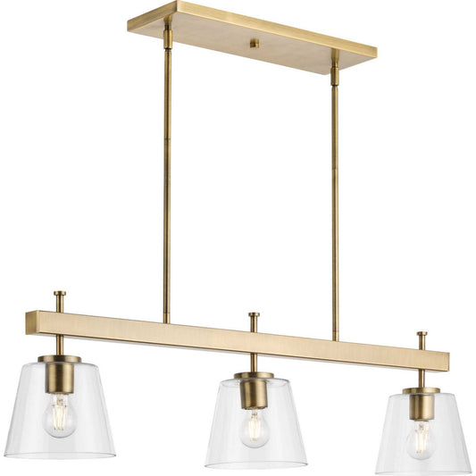 Saffert Three Light Linear Island Chandelier in Vintage Brass