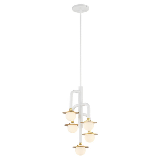 Tubular Five Light Chandelier in Matte White With Honey Gold
