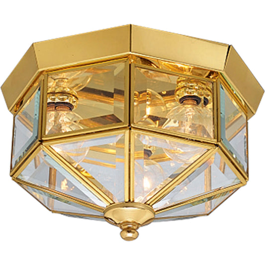 Beveled Glass Three Light Flush Mount in Polished Brass