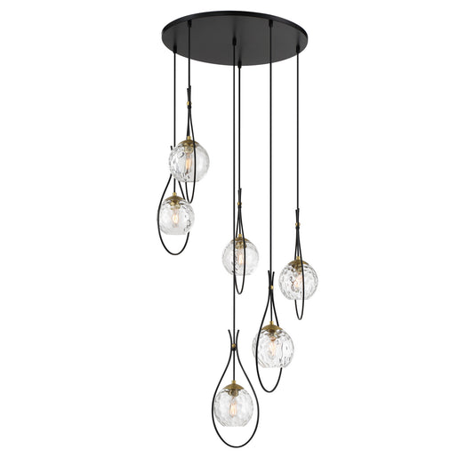 Cody Six Light Pendant in Coal And Soft Brass
