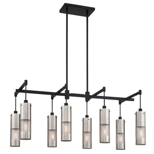 Grid 3 Eight Light Island Pendant in Brushed Nickel and Coal Highlights