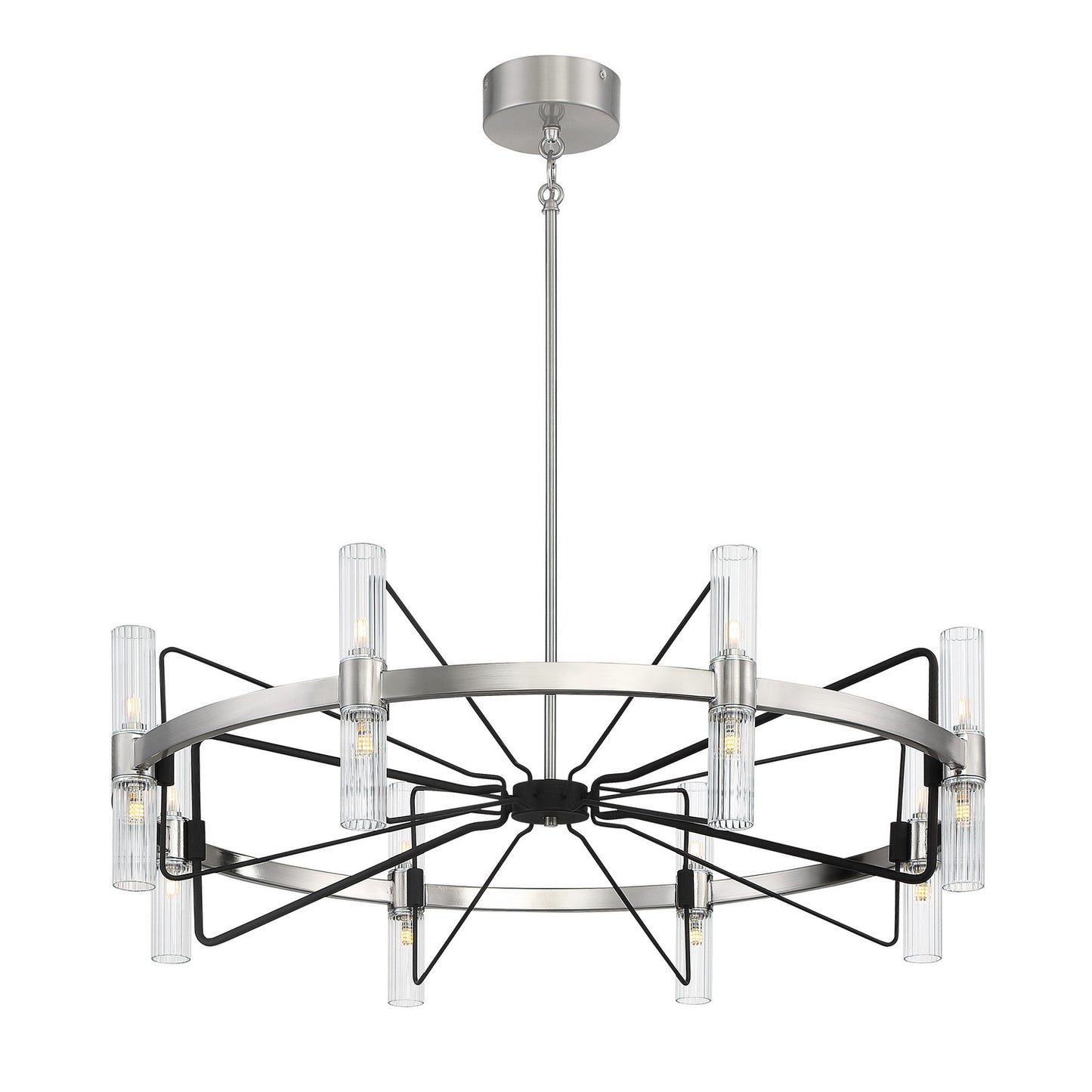 Mass Transit 16 Light Chandelier in Brushed Nickel With Sand Coal Highlights