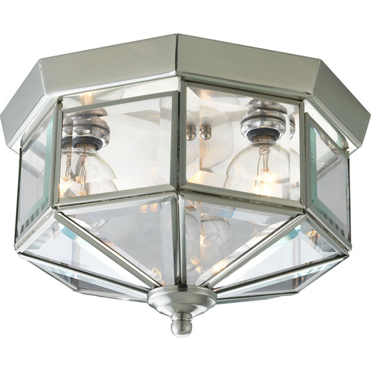 Beveled Glass Three Light Flush Mount in Brushed Nickel