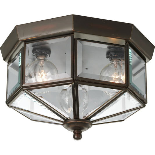 Beveled Glass Three Light Flush Mount in Antique Bronze