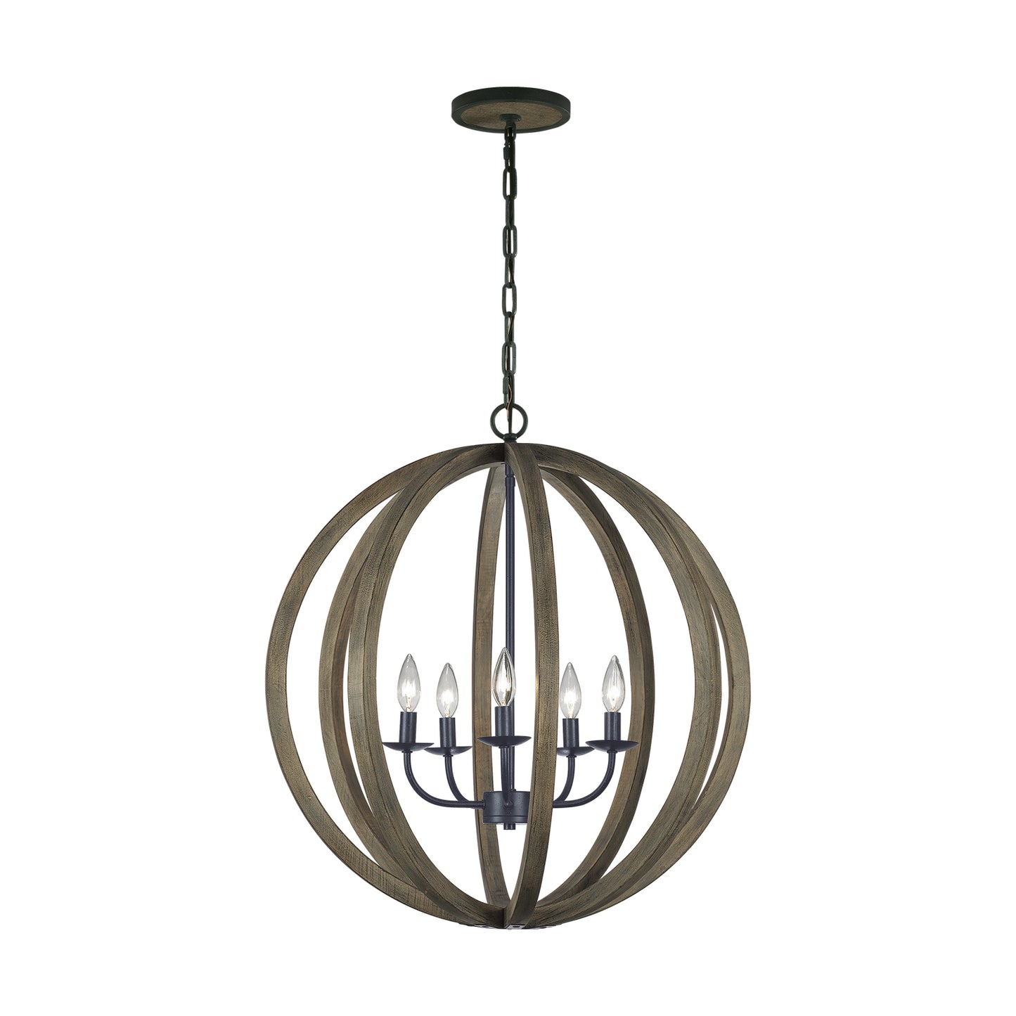 Allier Five Light Pendant in Weathered Oak Wood / Antique Forged Iron