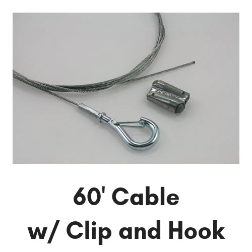 Galvanized steel cable, 60', 1/16" diameter, 1 snap hook att