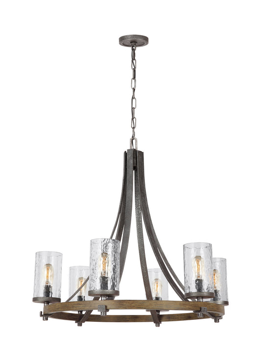Angelo Six Light Chandelier in Distressed Weathered Oak / Slate Grey Metal