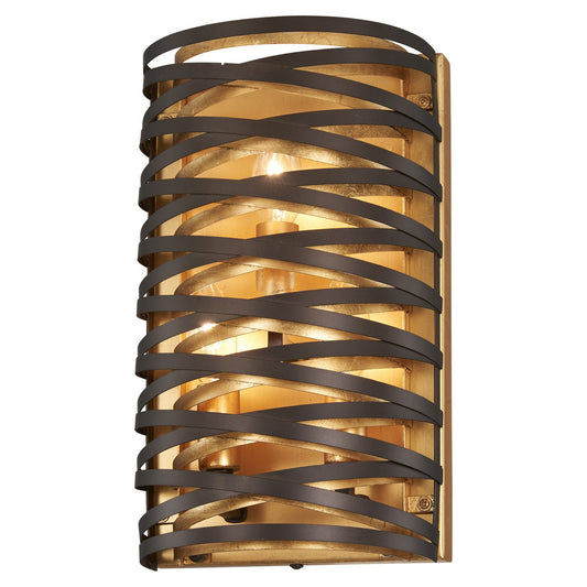 Vortic Flow Three Light Wall Sconce in Dark Bronze w/Mosaic Gold Interior