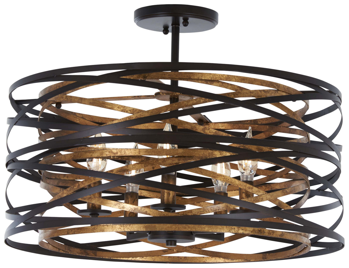 Vortic Flow Five Light Semi Flush Mount in Dark Bronze w/Mosaic Gold Interior