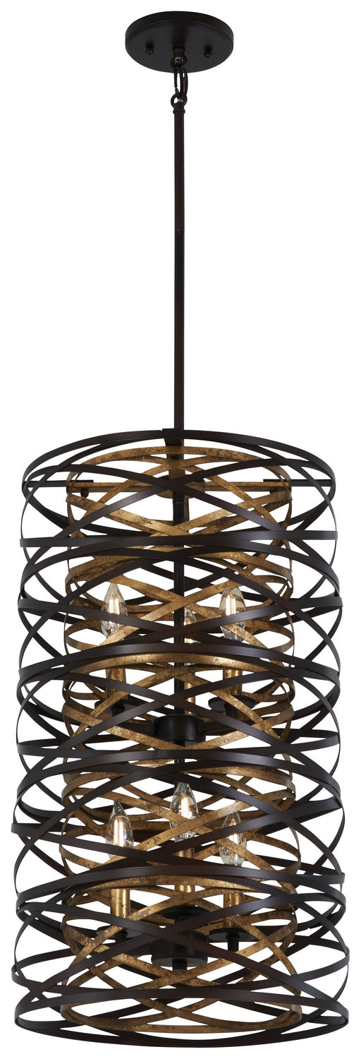 Vortic Flow Six Light Pendant in Dark Bronze w/Mosaic Gold Interior