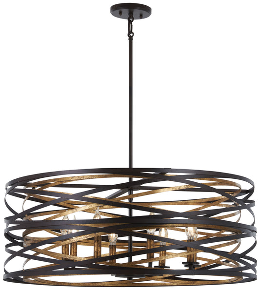 Vortic Flow Eight Light Pendant in Dark Bronze w/Mosaic Gold Interior