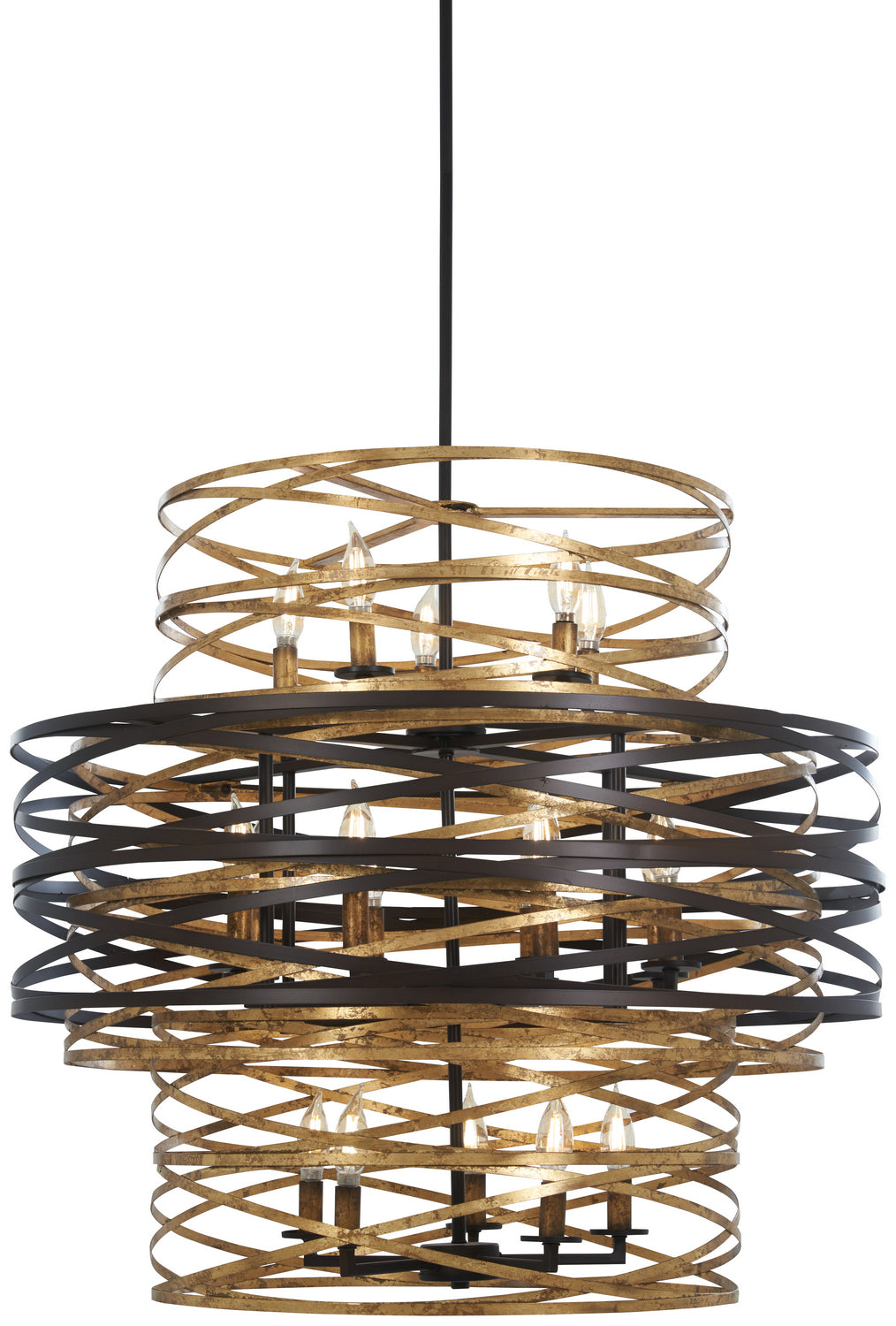 Vortic Flow 18 Light Chandelier in Dark Bronze w/Mosaic Gold Interior