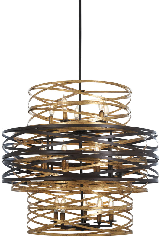 Vortic Flow 18 Light Chandelier in Dark Bronze w/Mosaic Gold Interior