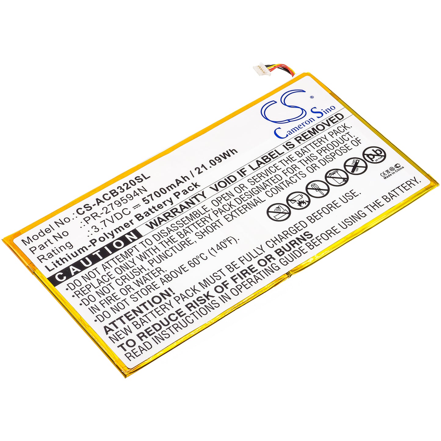 3.7V 5700mAh/21.09Wh Li-Polymer Tablet Battery for Acer