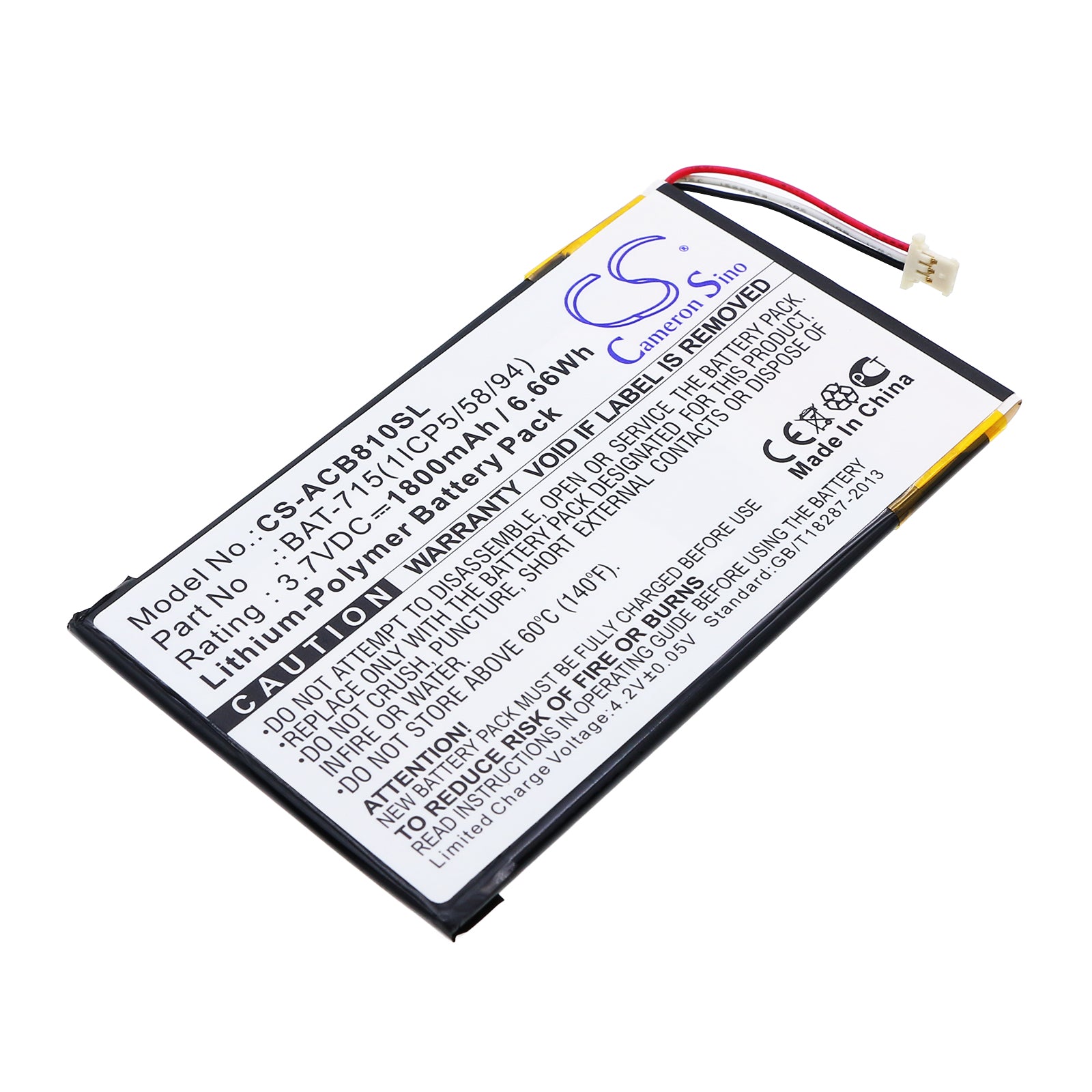 3.7V 1800mAh/6.66Wh Li-Polymer Tablet Battery for Acer