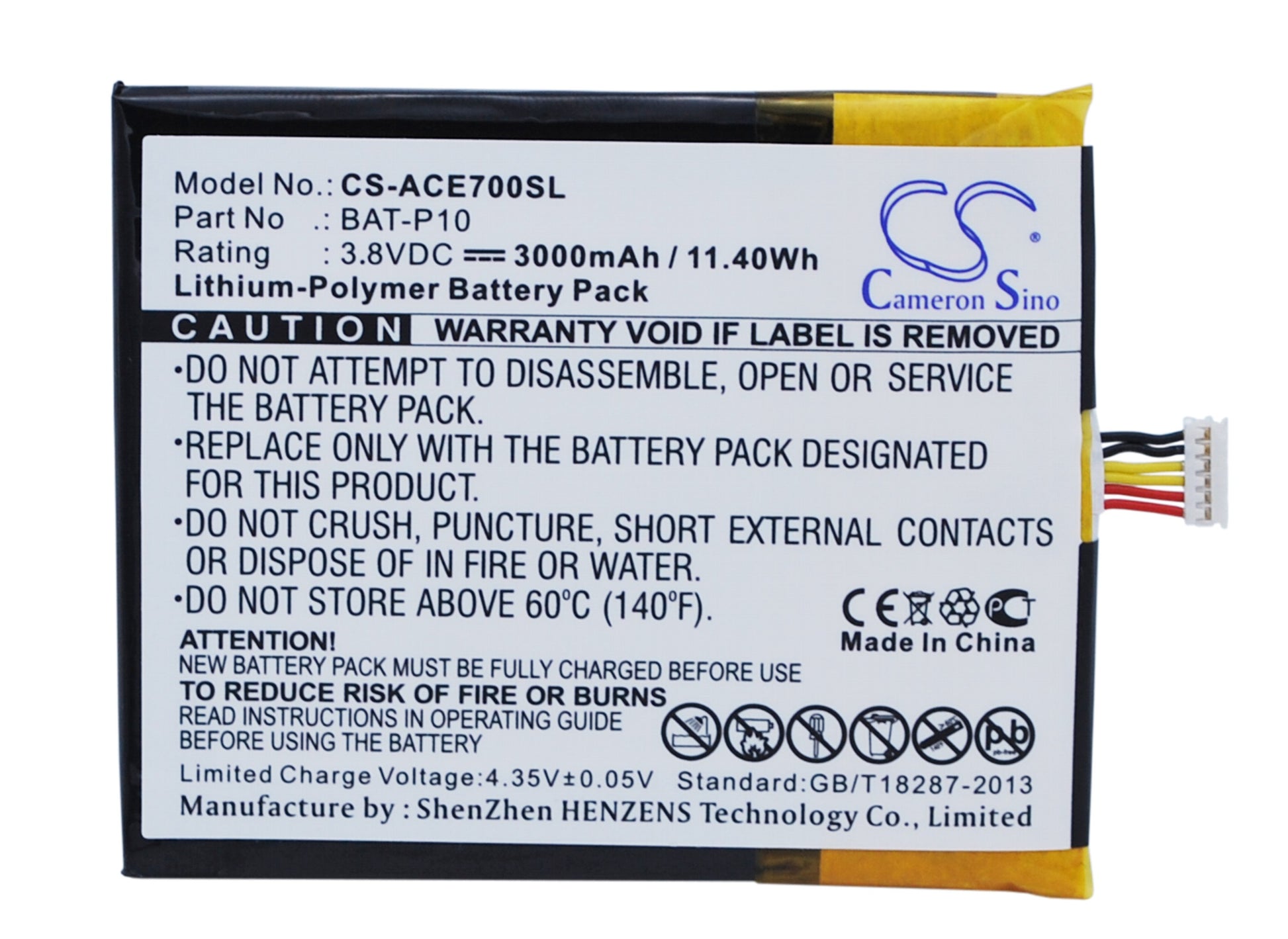 3.8V 3000mAh/11.40Wh Li-Polymer Mobile/SmartPhone Battery for Acer