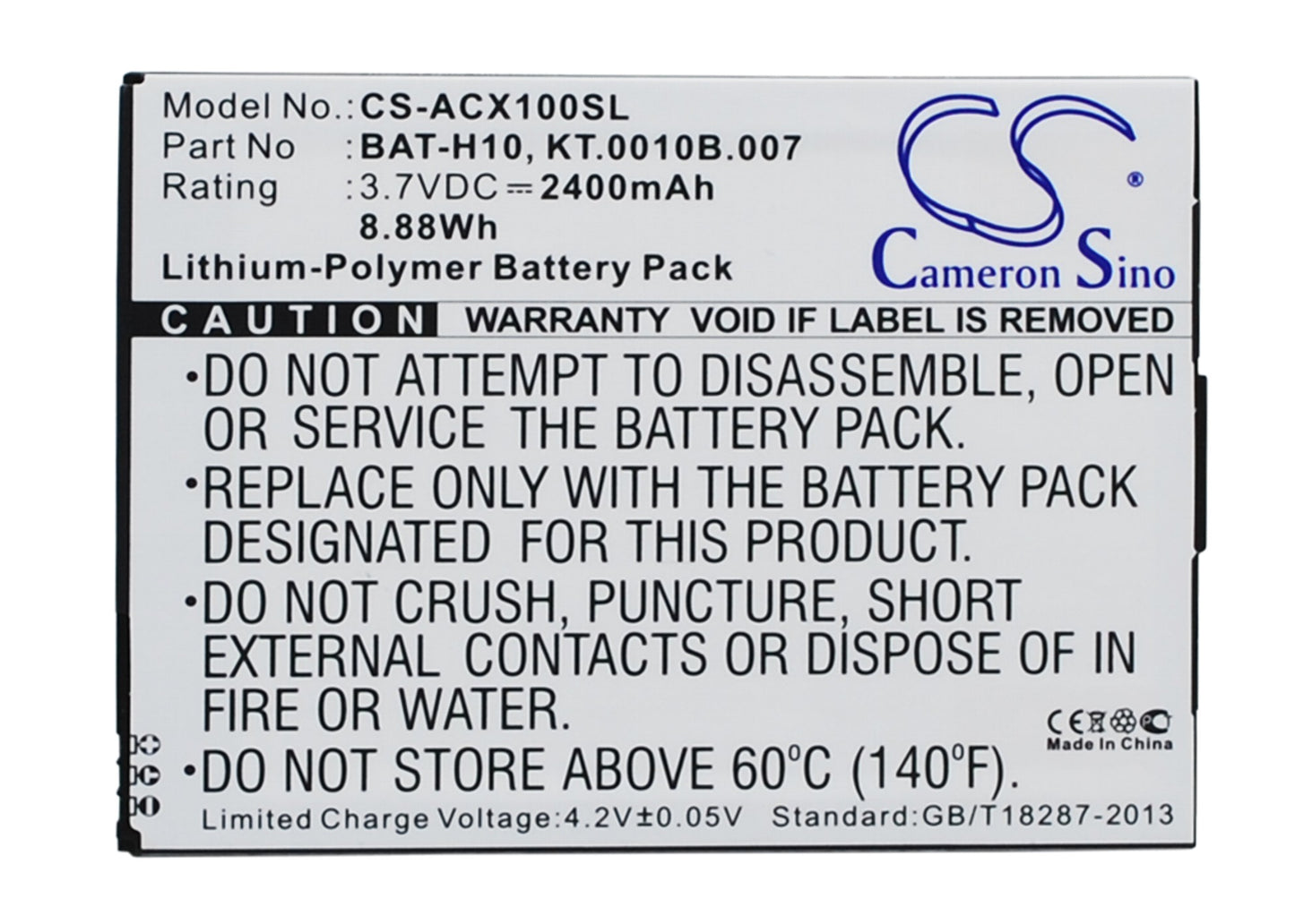 3.7V 2400mAh/8.88Wh Li-Polymer Mobile/SmartPhone Battery for Acer