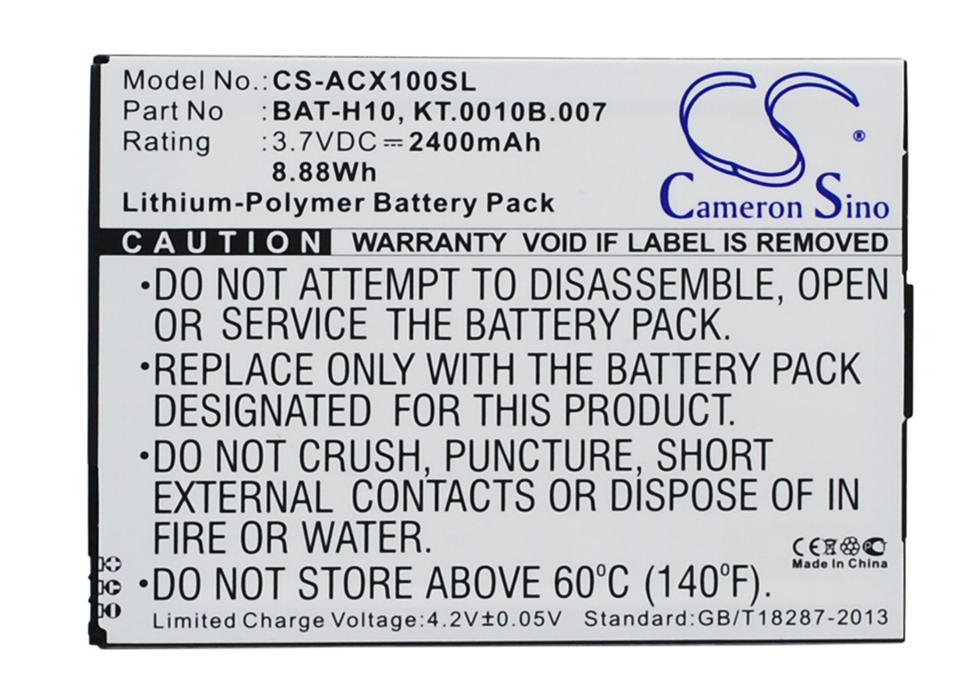 3.7V 2400mAh/8.88Wh Li-Polymer Mobile/SmartPhone Battery for Acer