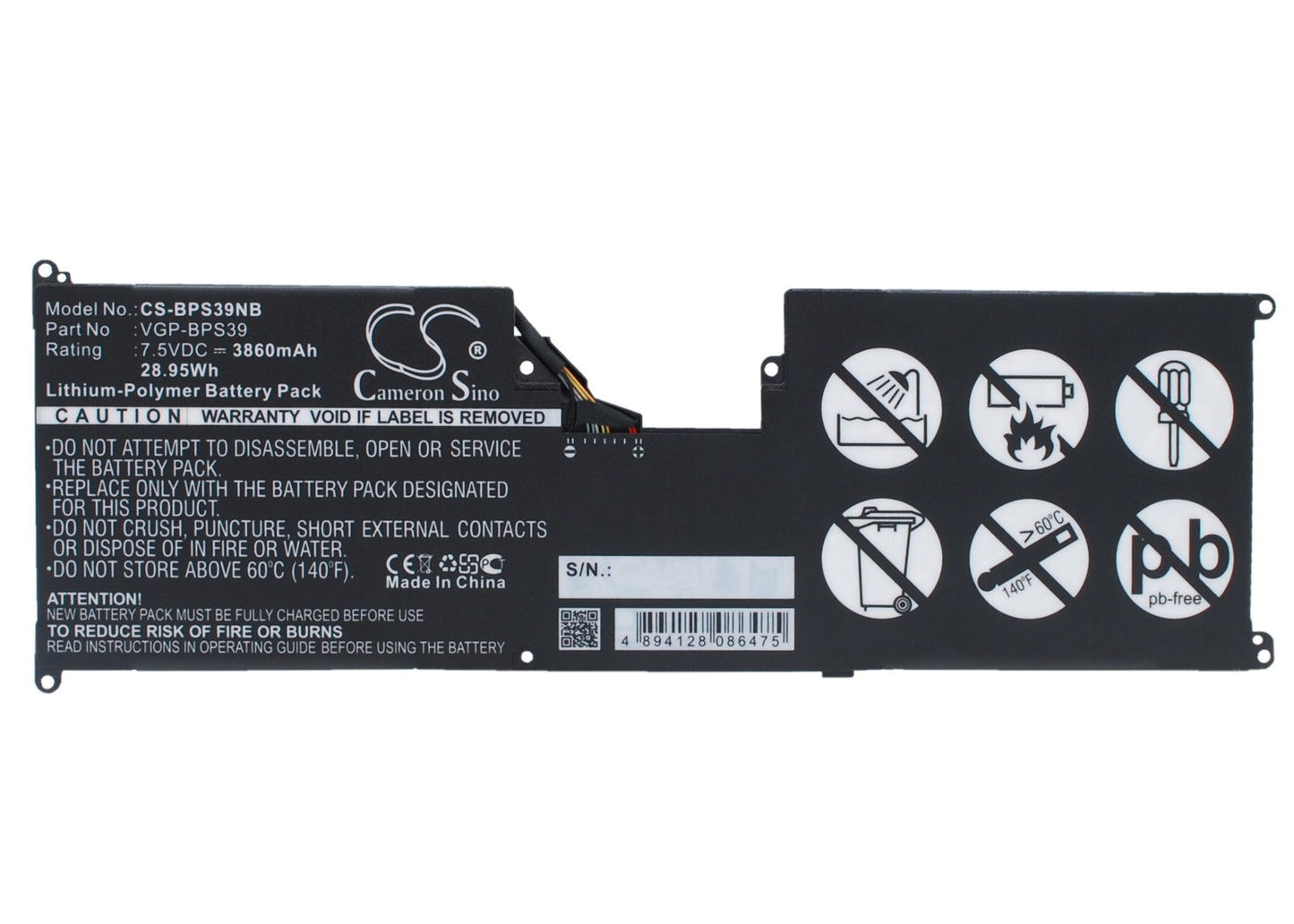 7.5V 3860mAh/28.95Wh Li-Polymer Notebook/Laptop Battery for Sony