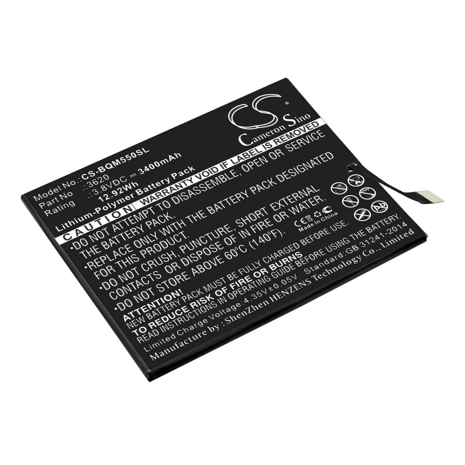 3.8V 3400mAh/12.92Wh Li-Polymer Mobile/SmartPhone Battery for BQ