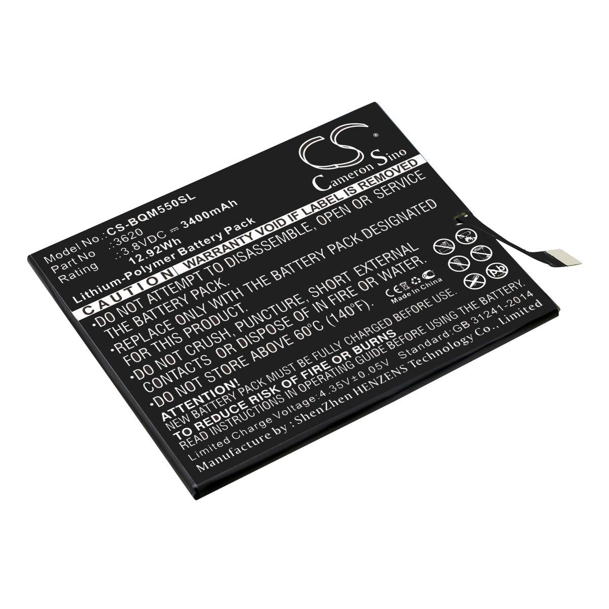 3.8V 3400mAh/12.92Wh Li-Polymer Mobile/SmartPhone Battery for BQ