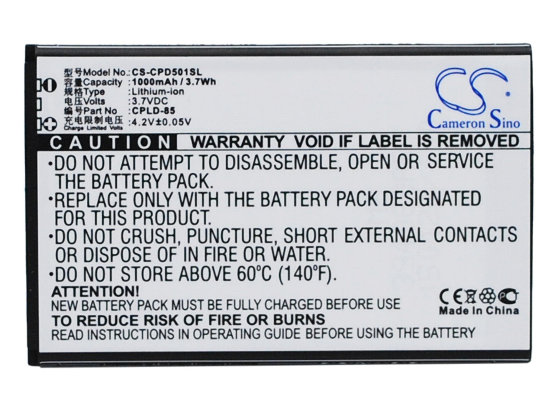 3.7V 1000mAh/3.70Wh Li-ion Mobile/SmartPhone Battery for Coolpad