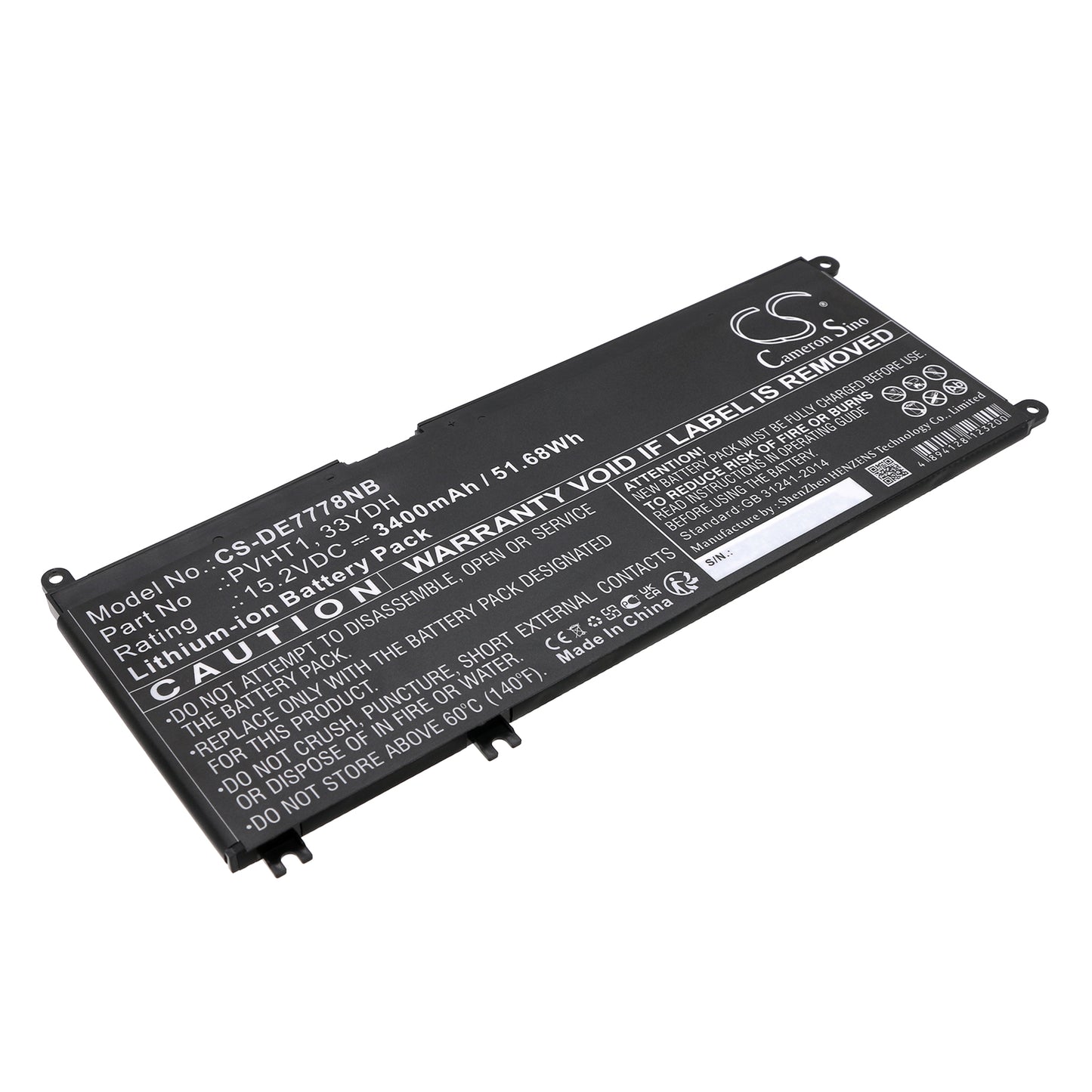 15.2V 3400mAh/51.68Wh Li-ion Notebook/Laptop Battery for DELL