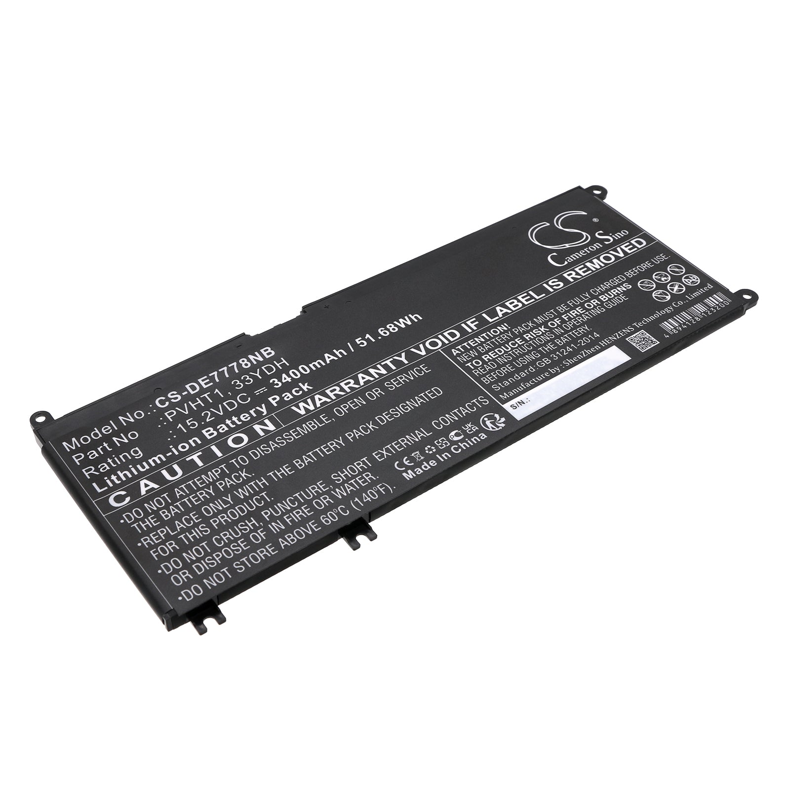 15.2V 3400mAh/51.68Wh Li-ion Notebook/Laptop Battery for DELL