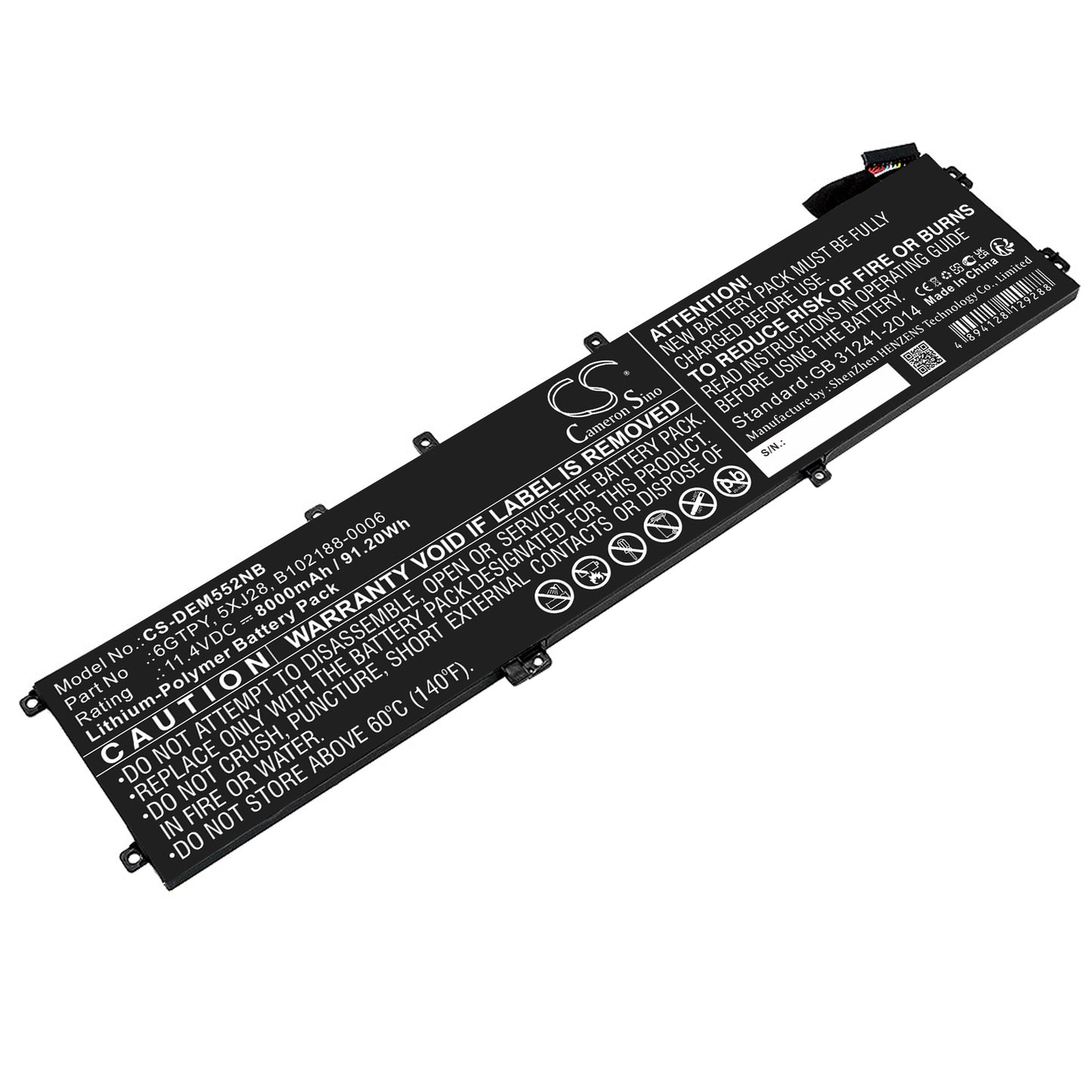 11.4V 8000mAh/91.20Wh Li-Polymer Notebook/Laptop Battery for DELL
